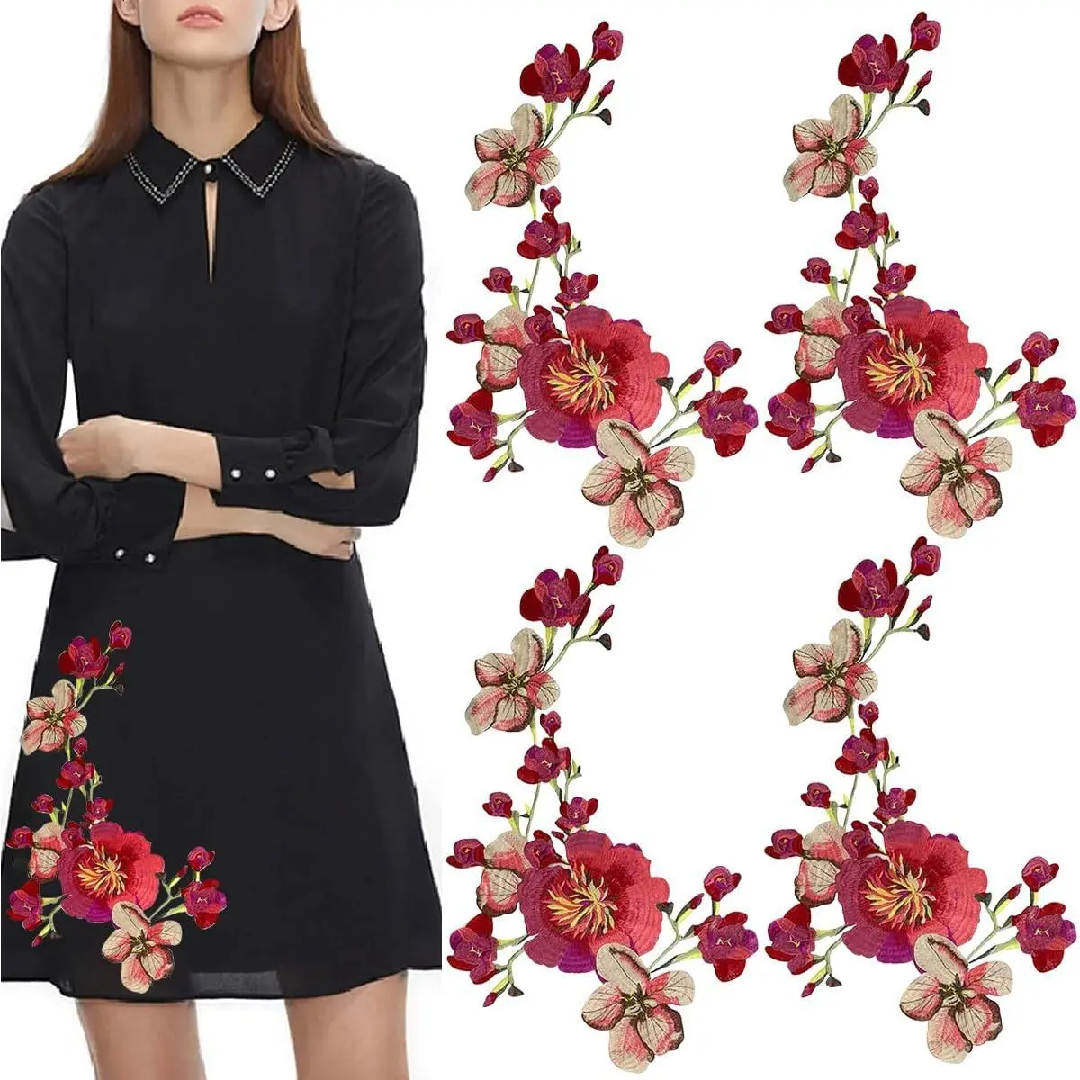 4 PCS Flower Embroidery Patches Floral Appliques Decorative Red Large Vintage Sewing Patche for Women Girls DIY Crafts Making Backpacks Jeans Collar Clothing Dress Hat Jackets Bags Accessories