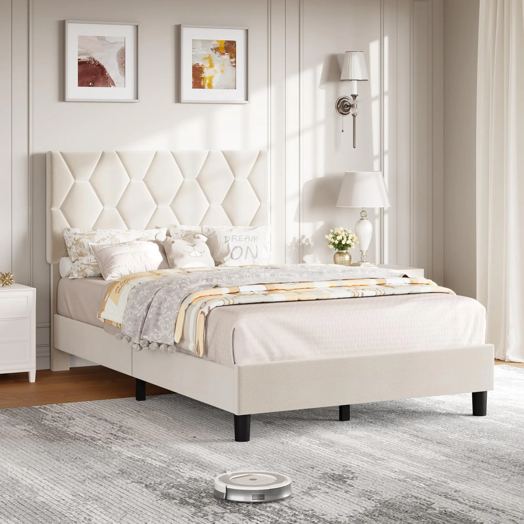 【GARVEE】Twin Size Bed Frame – Adjustable Upholstered Headboard – Beige 【GARVEE】Twin Size Bed Frame – Adjustable Upholstered Headboard – Beige