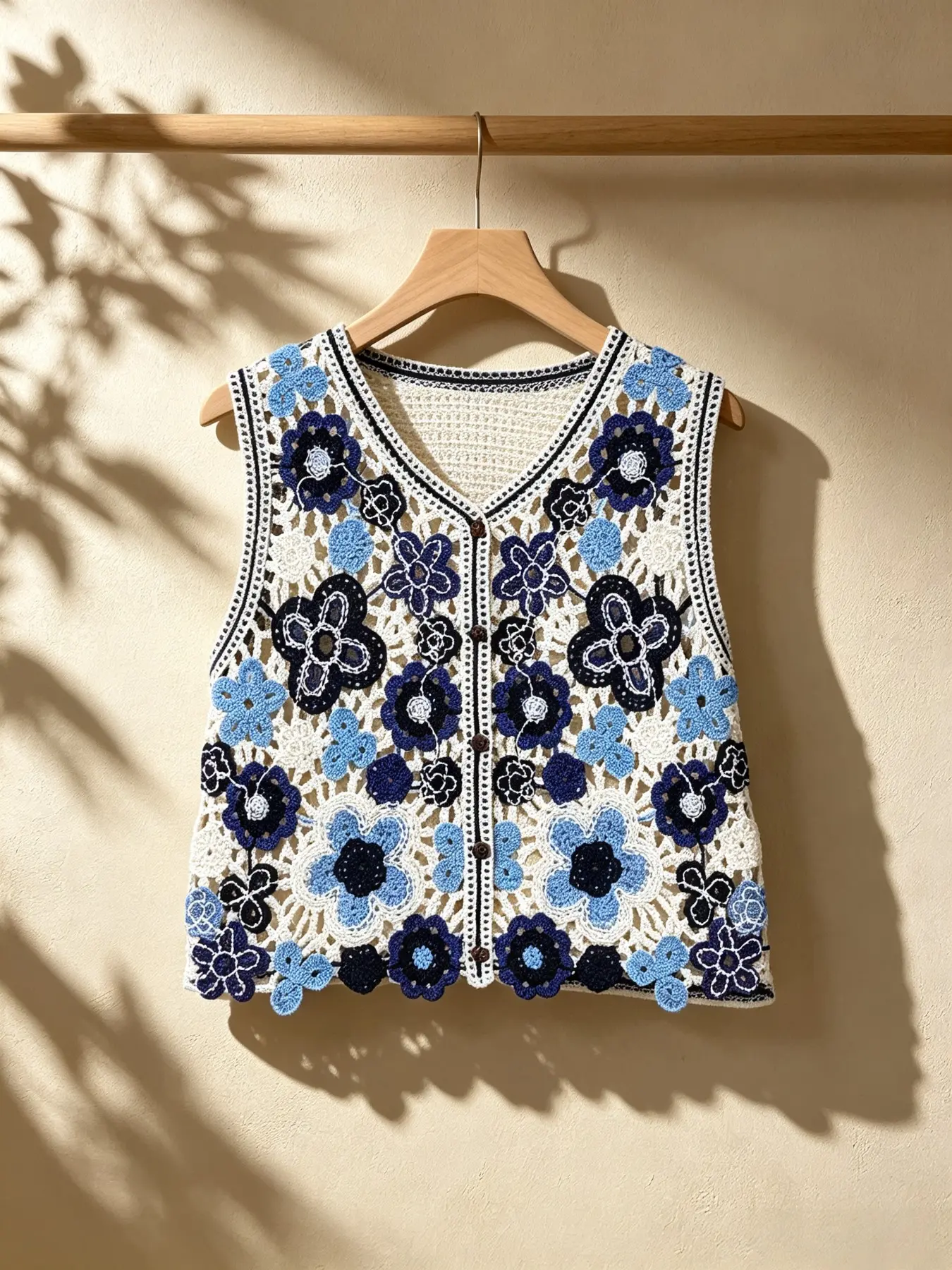 Boho Sleeveless V Neck Crochet Button Waistcoat, Sequined Beaded Embellished Crochet Vest, Women's Daily Outerwear, Stylish and Comfortable