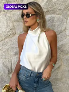 Sexy Satin Halter Top Women Corset Tanks & Camis Backless Crop Top Woman y2k Sleeveless Tank Tops Ladies Fashion Black White Orange Pink Yellow Brown Top Casual Vacation Top