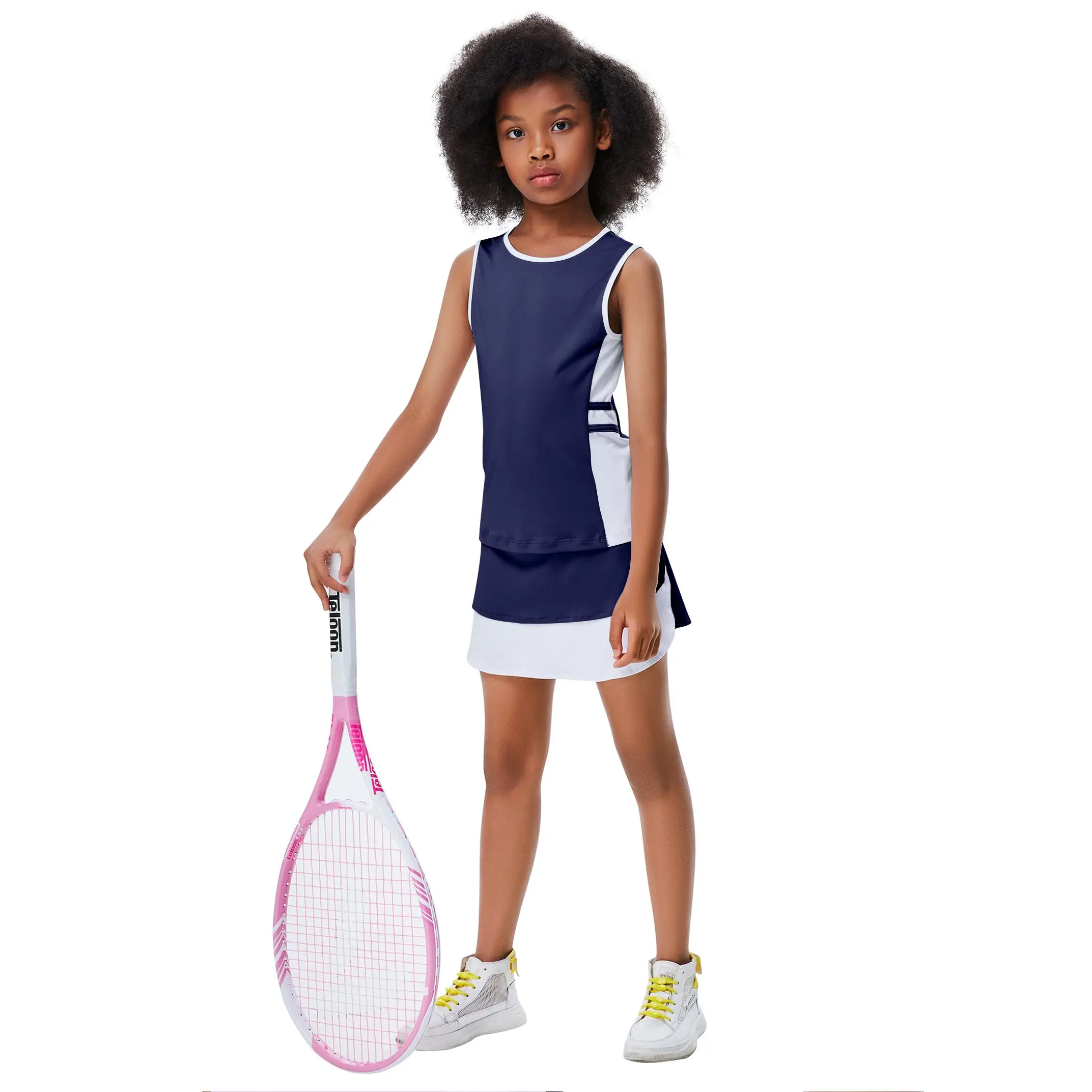Girls' 2-Piece Athletic Tennis Dress Set – Sleeveless Performance Sports Top & Skort with Built-in Shorts | Quick-Dry, 4-Way Stretch Workout Suit for Tennis, Running, Golf & Everyday Play GSB
