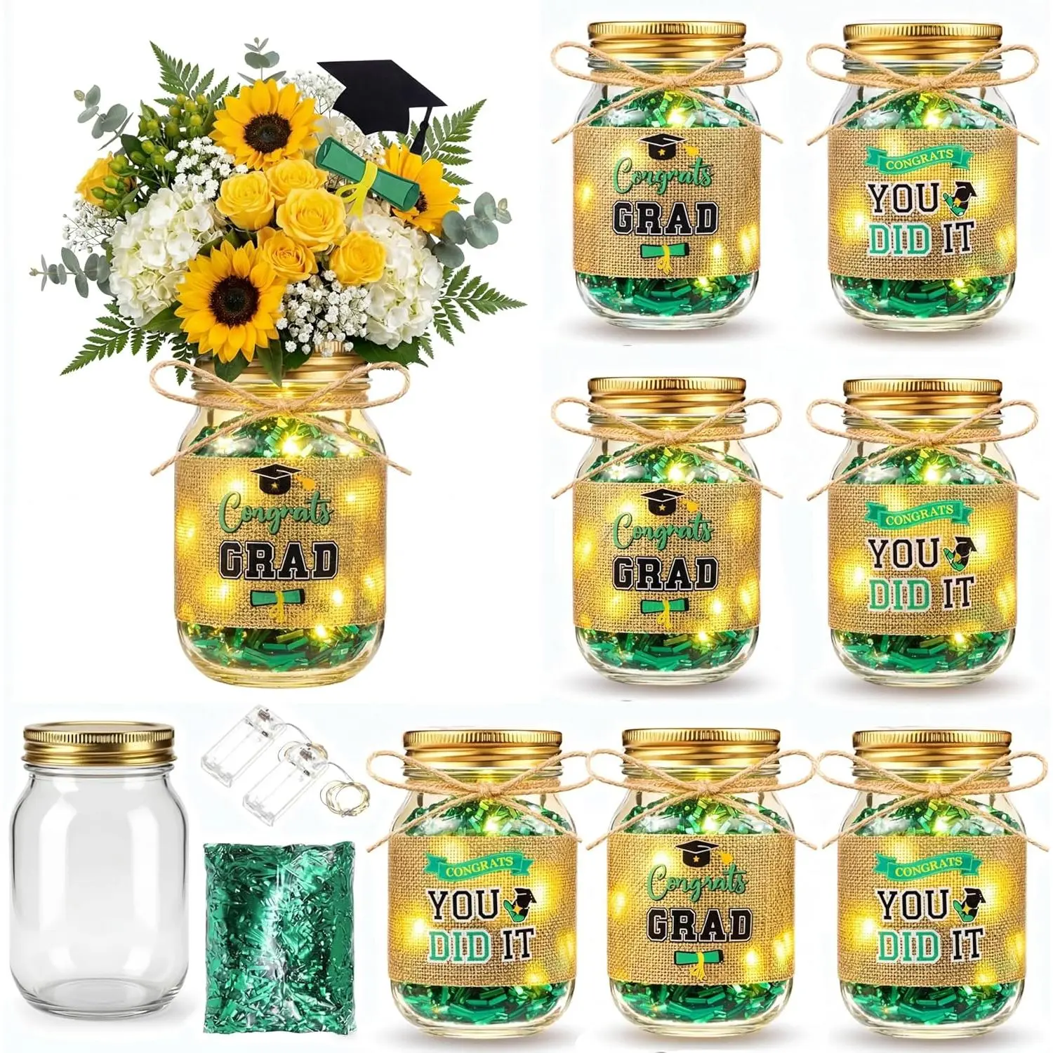Blushtier 8-Set Green and Black 2026 Graduation Tabletop Mason Jars Centerpieces, Lighted with Burlap Cover & Metallic Raffia, Party Decor Gift for Graduation Party Supplies, Lights
