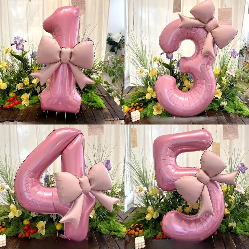 Two-piece set of large pink number and bow foil balloons, suitable for birthday parties, outdoor events, anniversaries, holidays, and New Year party backdrop decorations