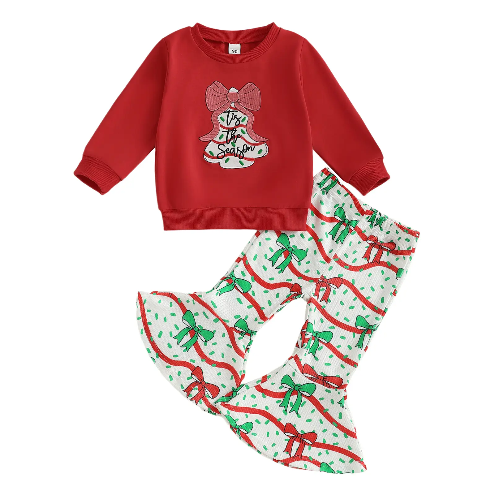 Little Toddler Girls Christmas Outfit Bow Christmas Tree Print Long Sleeve Sweatshirt and Striped Bell Bottoms 2 Pcs Set