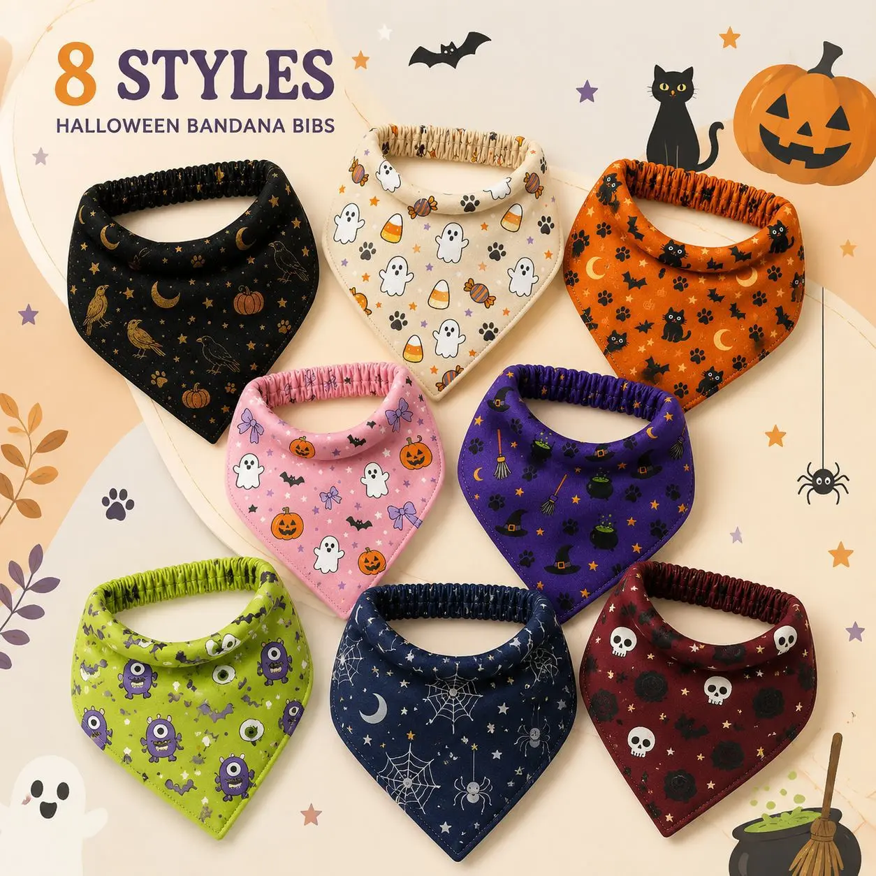 Halloween Pet Bandana, Cute Triangle Scarf for Cats & Dogs, Adjustable Elastic Pet Bib for Small & Medium Dogs, Festive Halloween Costume Accessory for Parties, Photos & Everyday Wear