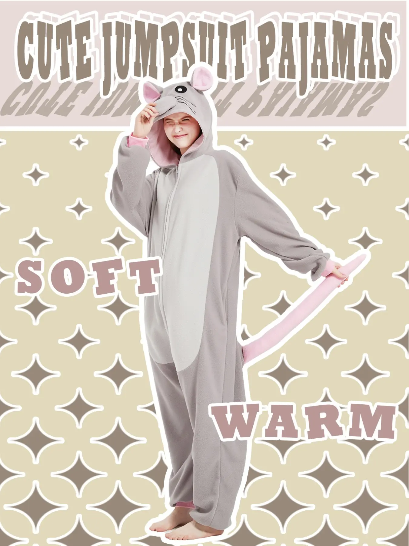Neutral Mouse Costume Onesie, Hooded Cartoon Full-Body Pajamas, Fall Winter Christmas Halloween Animal Role Play