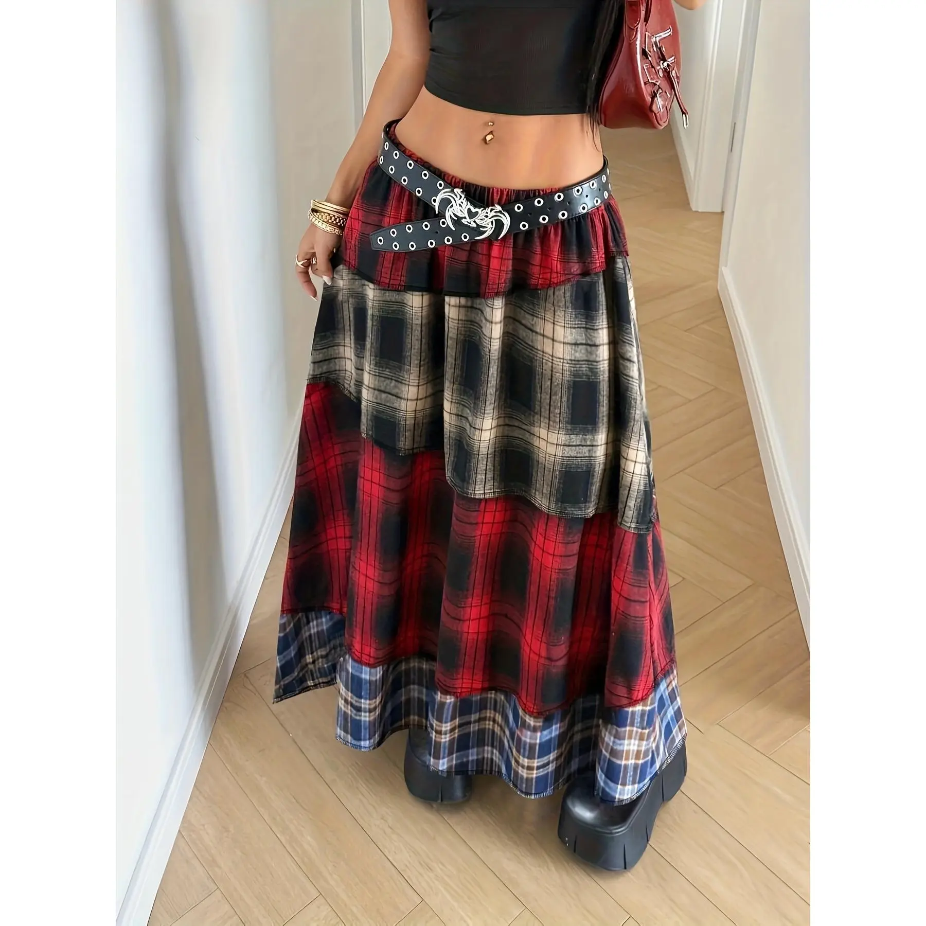 Retro street style plaid patchwork mini skirt, fashionable autumn and winter women's clothing