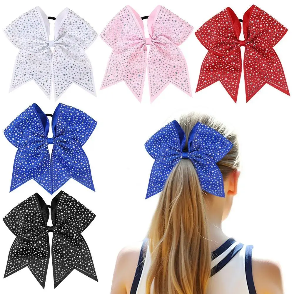 6PCS Large Glitter Cheer Hair Bows, 7 Inch Rhinestone Ribbon Elastic Hair Ties for Ponytail, Sparkly Cheerleading Hair Accessories for Teen Girls, Ideal for Dance, Sports, School & Competition