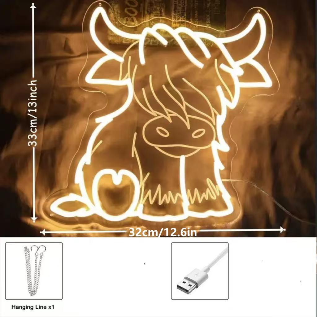 Highland Cow LED Neon Sign, Adjustable Brightness Wall-Mountable USB Powered Home Bedroom Party Decoration Christmas Gift Idea Ambient Decoration Lamp