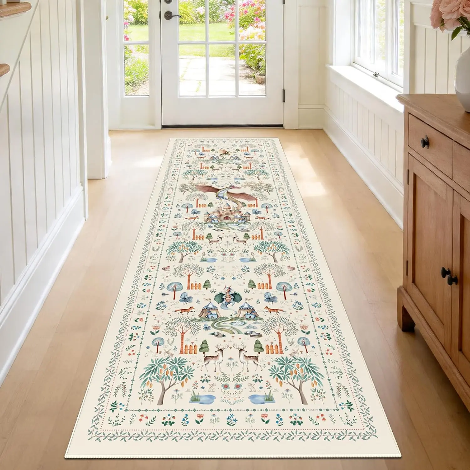 Washable Fantasy Dragon Runner Rugs for Hallway 2x6ft, Beige  Print Kitchen Rug Runners Non Slip, Woodland Floor Carpets for  Bedroom Bathroom Entry Decor