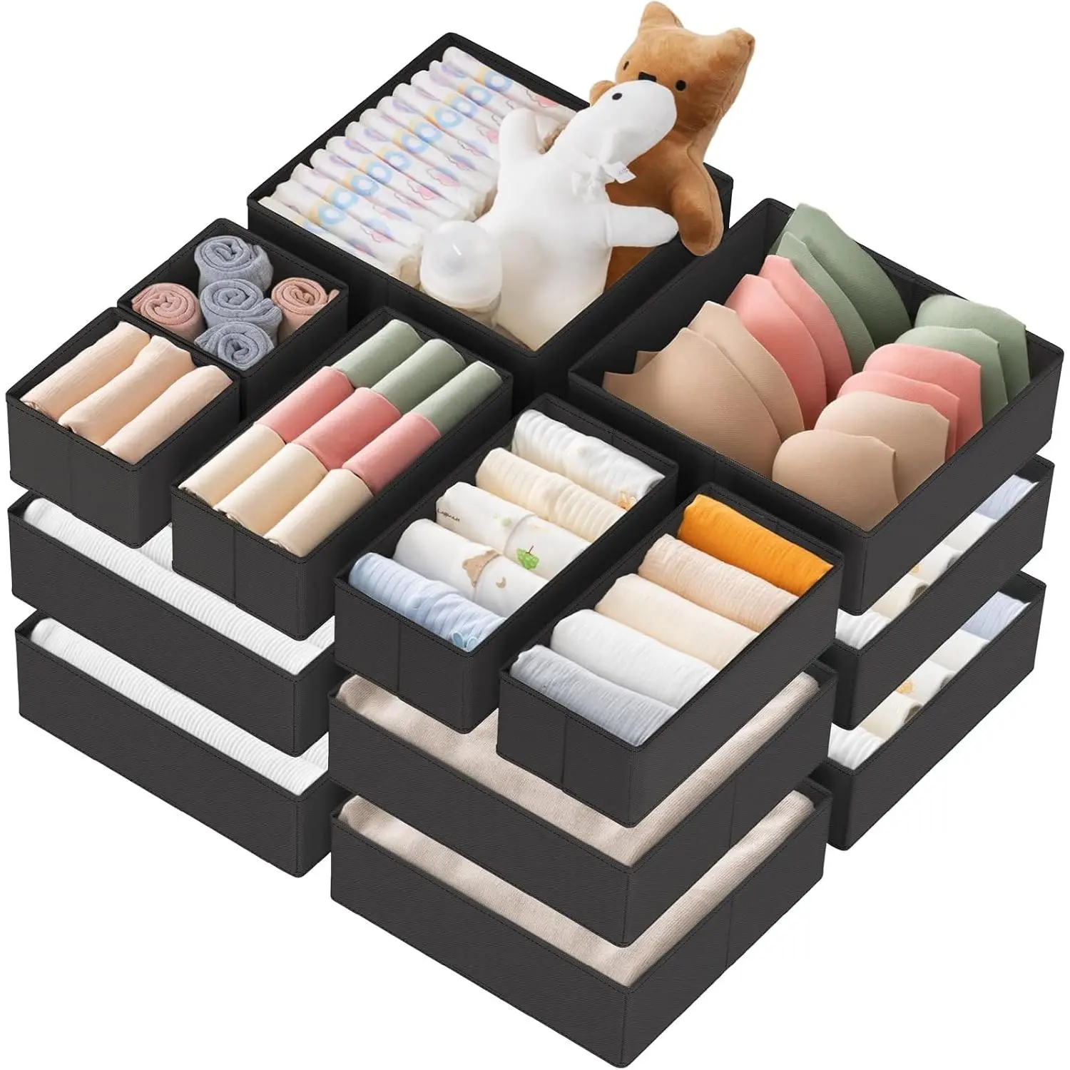 21-Pack Foldable Drawer Organizer Boxes, Home Storage Dividers for Baby Clothes, Underwear, Socks - Closet & Dresser Organization Bins for Nursery, Bedroom (Black)