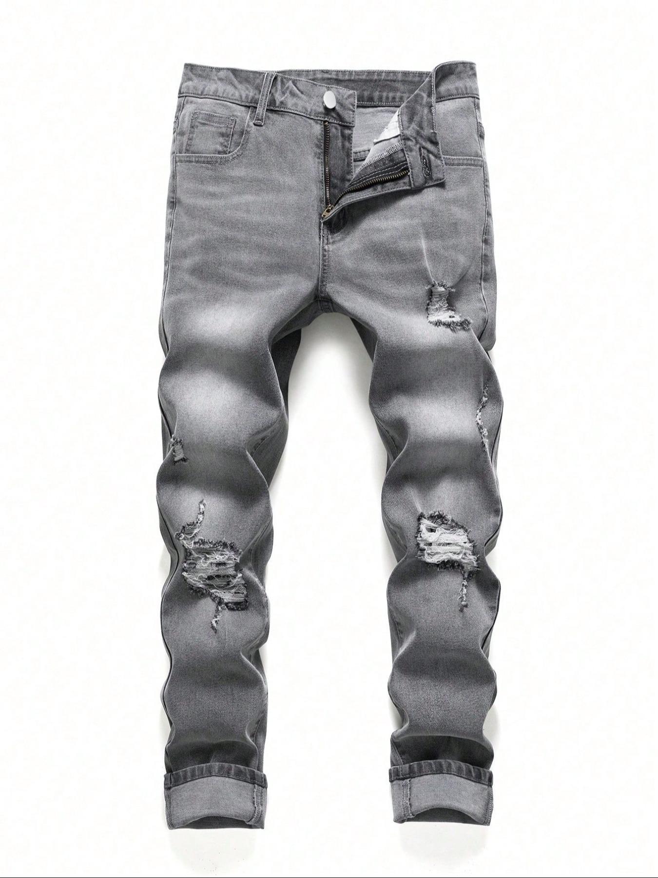 Men's Regular Fit Solid Color Ripped Jeans, Casual Comfy Denim Pants for Daily Wear, Fashion Men's Bottoms for All Seasons