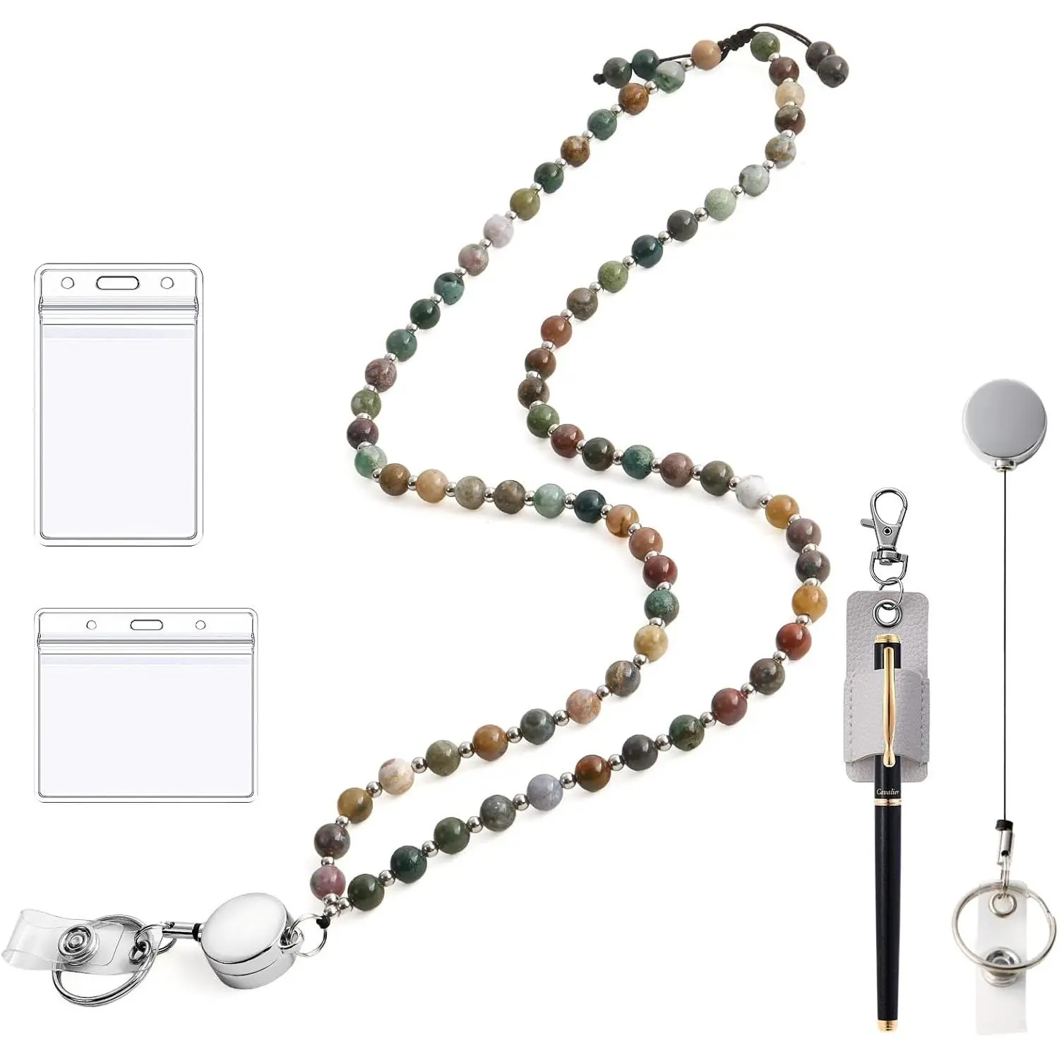 Beaded Lanyard For ID Badges and  Pen Holder | Necklanyard For Women, Retractable Teacher Lanyards, Cute  Stone Beaded with Pen Holder