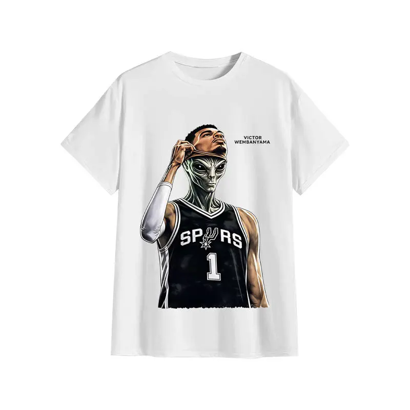 Classic White Oversized Short Sleeve T-Shirt Wemby Victor Wembanyama Alien Mask Graphic Spurs # 1 Funny Meme Basketball Art Retro Sports Urban Streetwear Unisex Tee For Hoops Fans