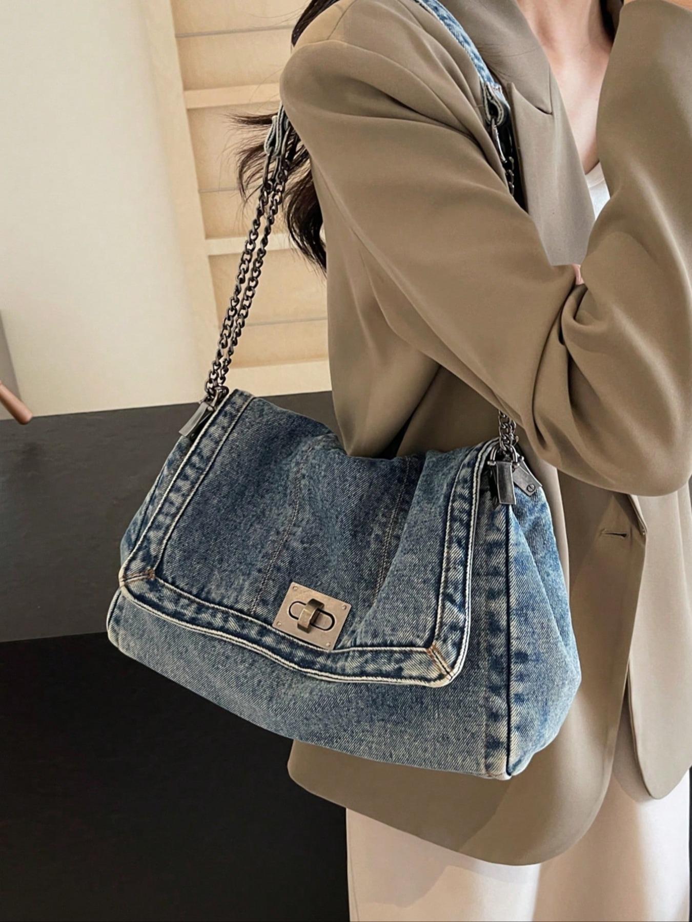 2026 Denim Bag Chain Shoulder Bag Women's Fashion Commuting Work Underarm Bag Vintage Texture Travel Handbag