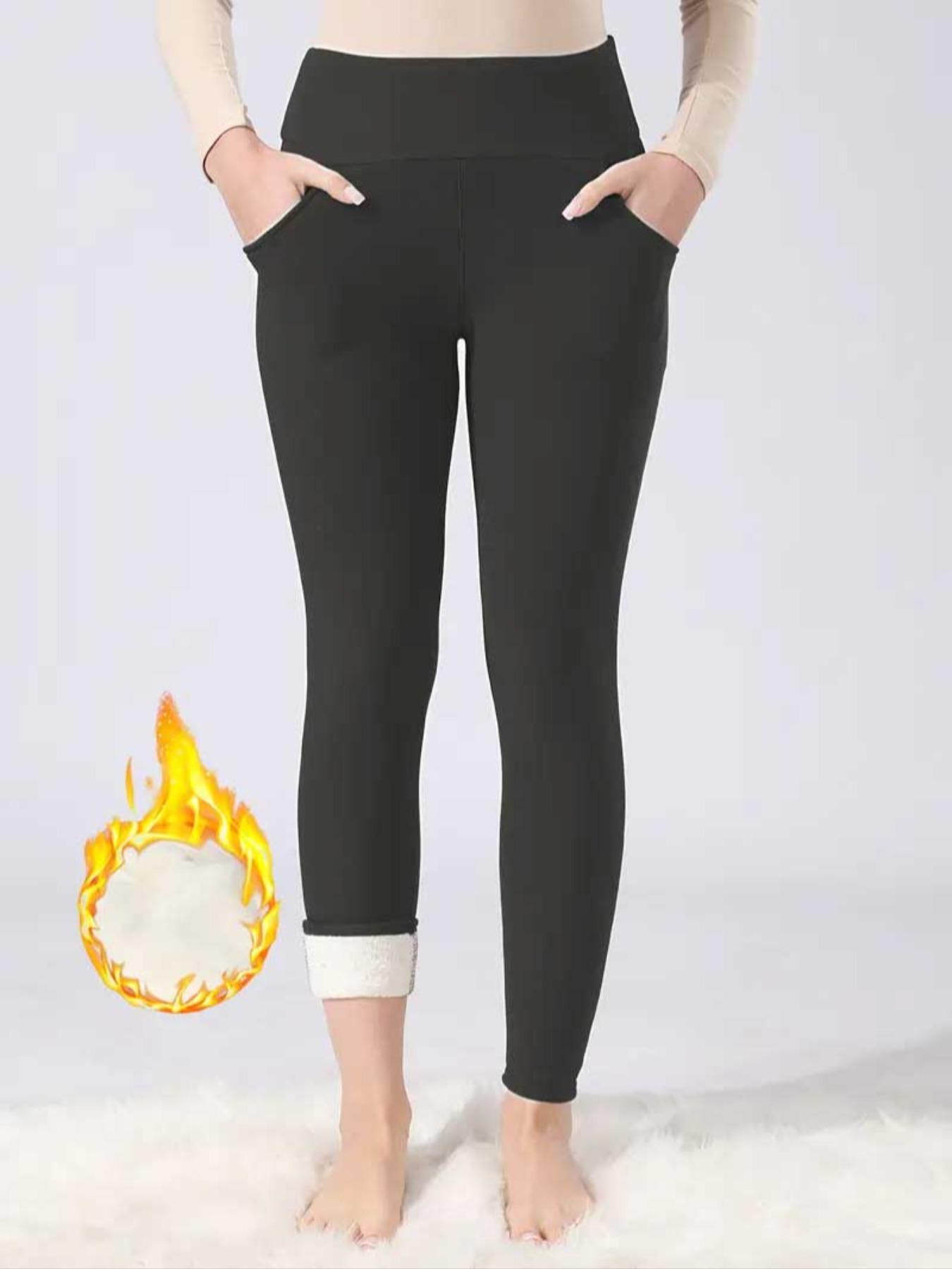 Women's Solid High-Waisted Thermal Lined Sports Leggings, Casual Comfy Warm Skinny Pants with Pocket for Yoga, Workout and Running, Ladies Sportswear for Fall & Winter