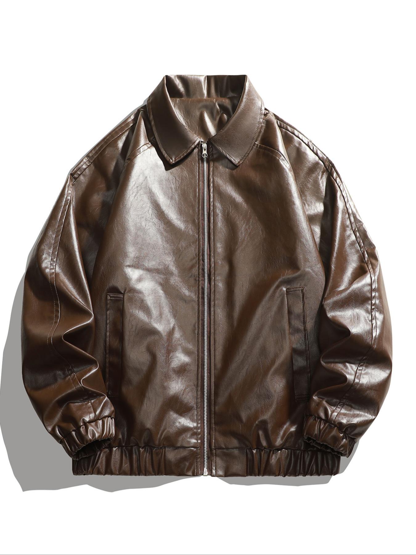 Men's Solid Color Pocket PU Leather Collared Jacket Coats, Regular Fit Casual Long Sleeve Zip Up Outerwear for Daily Wear, Men's Clothing for All Seasons