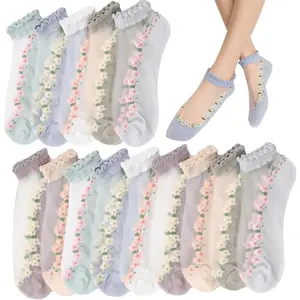 10 Pairs Fishnet Ankle Socks Floral Mesh Sock Embroidered Floral Stockings Women Sheer Stocking(Random Color)