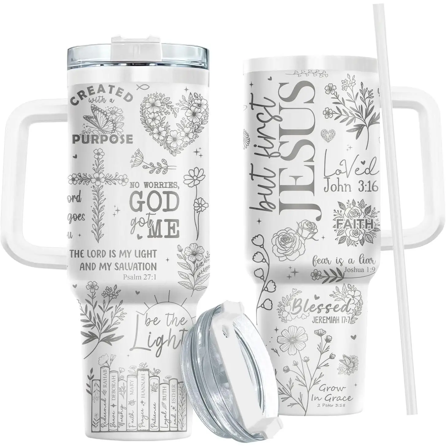 But First Jesus Floral Cross Butterfly Bible Verse Sketch Full Wrap Print 40oz Stainless Steel Cold Retention Tumbler With White Handle Lid Straw, Inspirational Religious Travel Coffee Mug, Halloween Christmas Mothers Day Birthday Gift For Christian