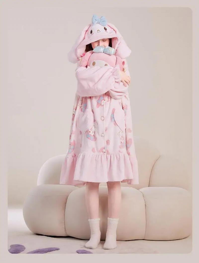 Kawaii My Melody Women Plush Pajamas Robe Set Homewear Cartoon Winter Long Style Thickened Nightgown Pants Anime Sweet Cartoon