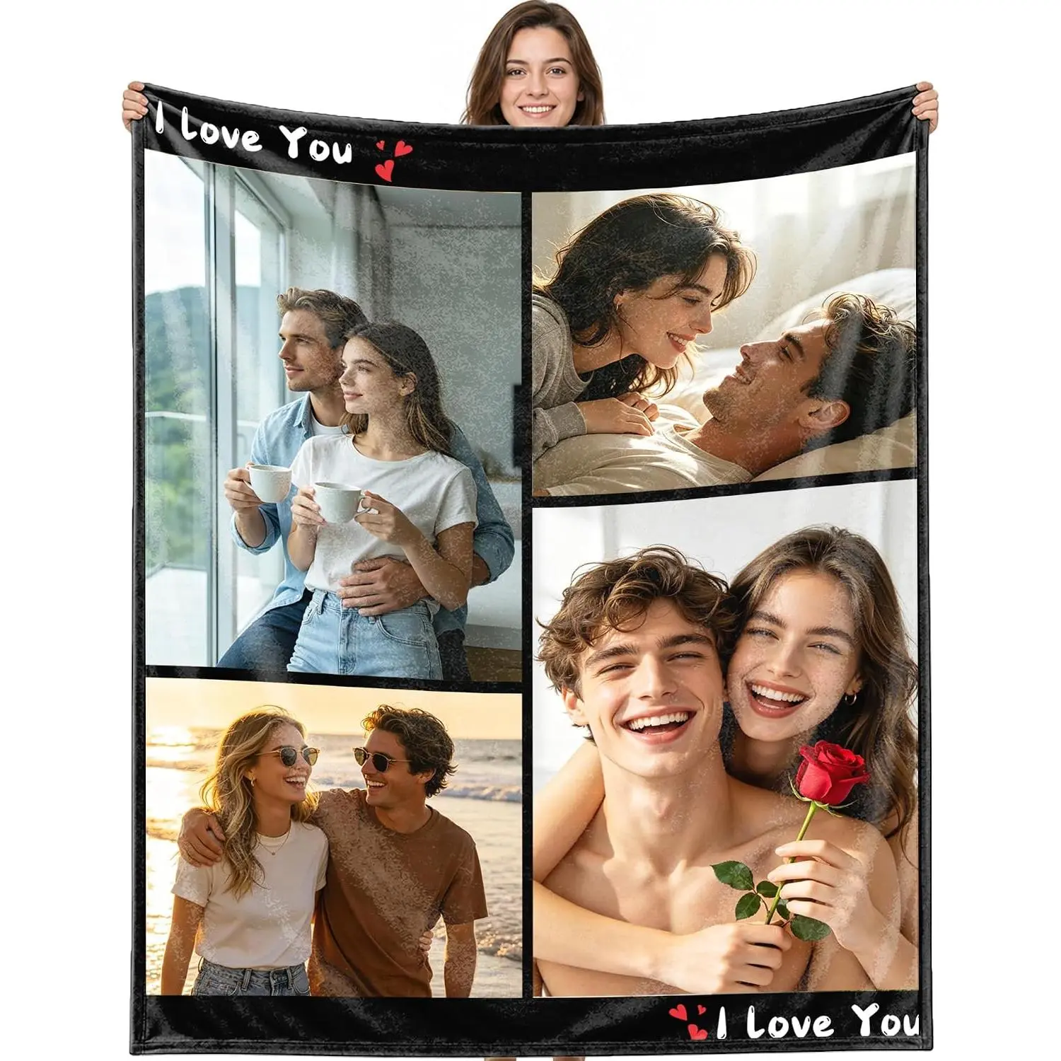 Custom Photo Flannel Throw Blanket, 6-Photo Collage Couples Blanket with "I Love You" Design, Soft Cozy Warm Blanket for Couples, Romantic Anniversary, Valentine’s Day, Wedding & Birthday Gift