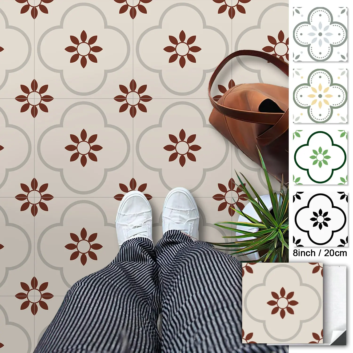 20pcs Peel-And-Stick Floor Tiles, Waterproof Petal Pattern, Blue, DIY for Bathroom Kitchen Fireplace, 7.8x7.8 Inches