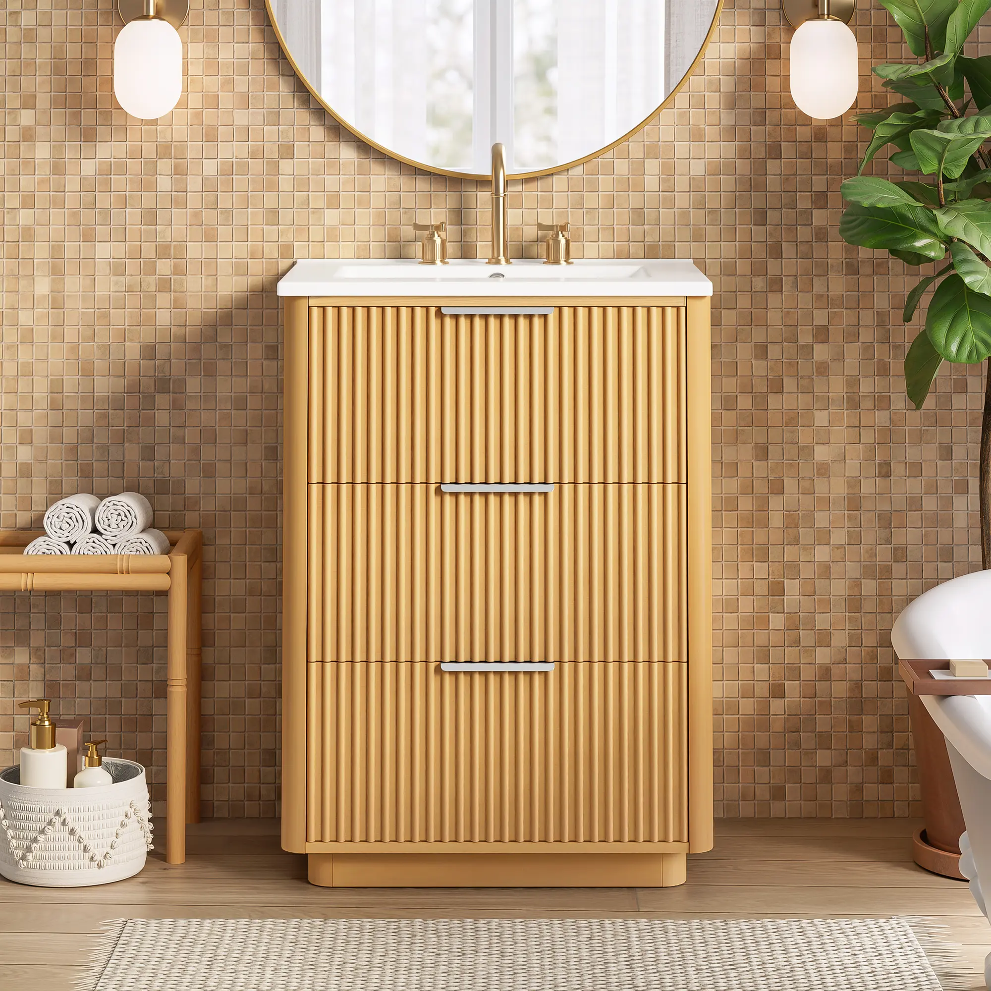 ARCH 24 Inch Modern Luxury Bathroom Vanity with Ceramic Sink, Natural Wood Solid Wood and MDF Floor Cabinet with Open Shelf and Closed Storage, 3 Drawers, Pre-Drilled for 8-Inch Faucet, Anti-Spill Hole, Easy Plumbing Access, for Bathroom Organization