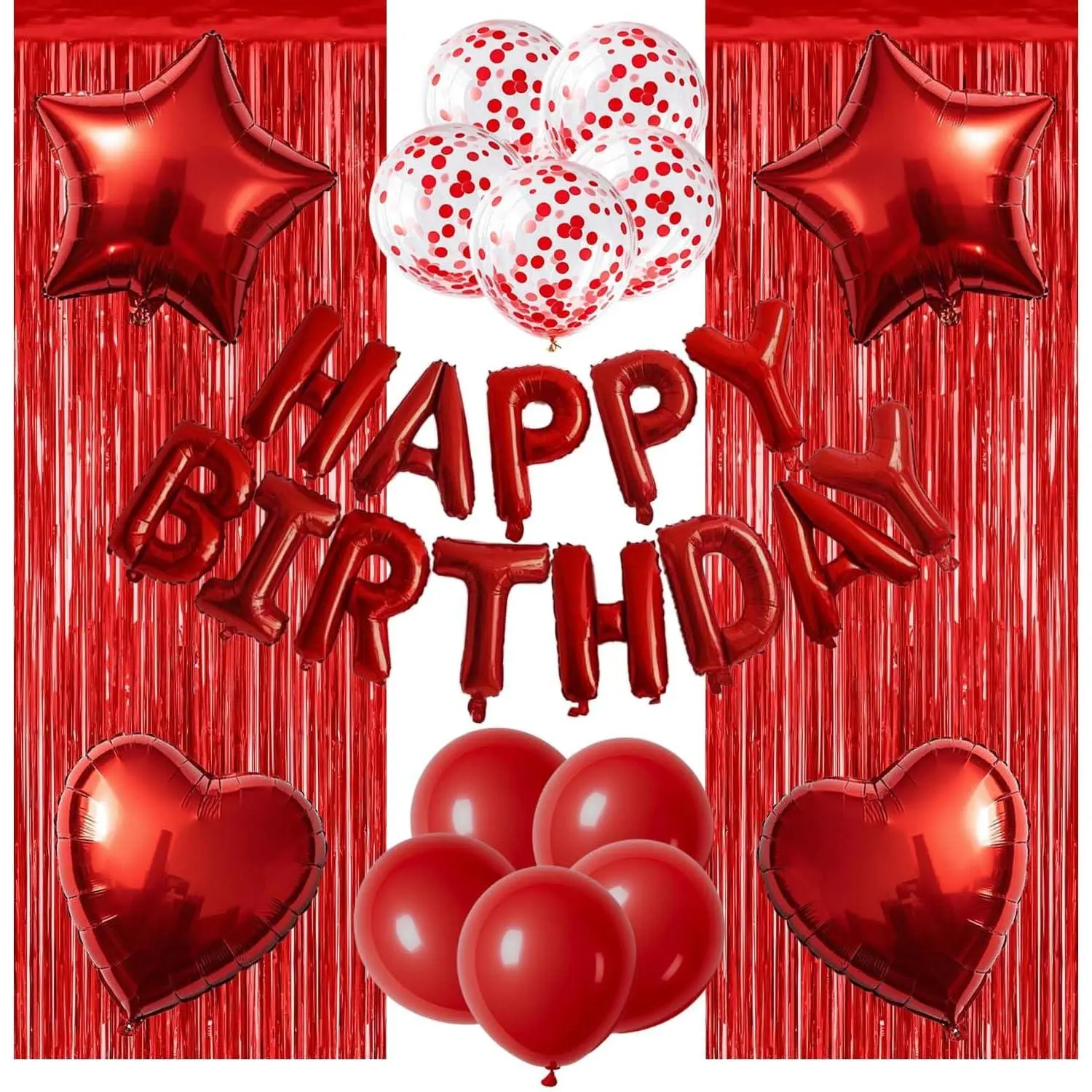 29 Pcs Red Birthday Party Decorations - Happy Birthday Balloons Banner Red, Heart & Star Foil Balloons, Confetti & Latex Balloon, Foil Fringe Curtains Party Supplies for Women