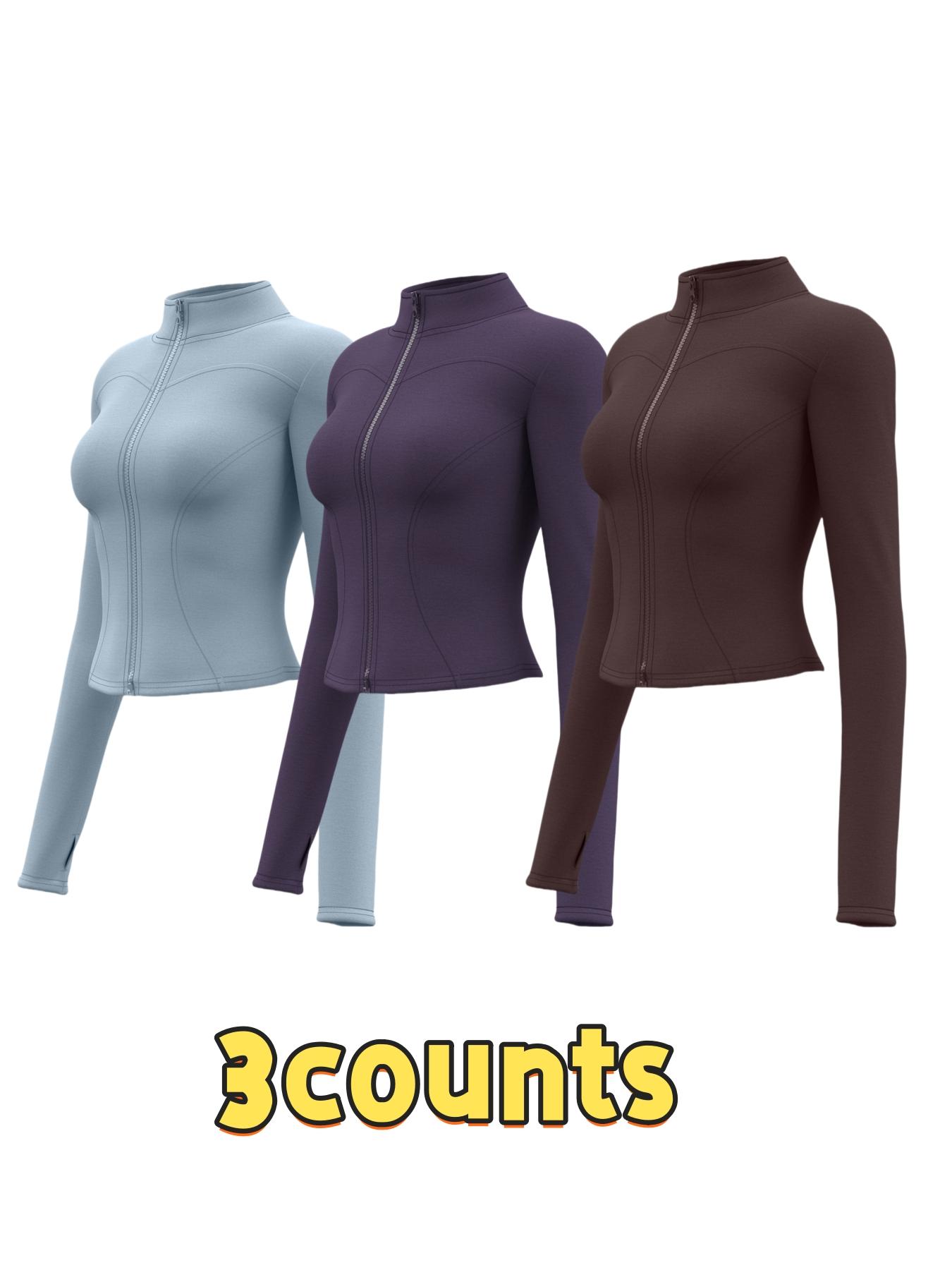 Women's Solid Thumb Hole Zip Up Sports Jacket, Thumb Holes Jacket, Long Sleeve Stand Collar Zip Front Outerwear for Gym Workout Running, Ladies Sportswear for All Seasons