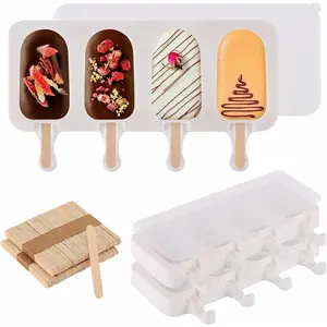 [Summer essentials]3 Set Popsicles Molds with Lids and 100 Pcs Wooden Popsicles Sticks, Standard Size 4 Cavities Silicone Ice Pop Molds for Making Cakesicles, Cake Pops, Ice Cream - BPA FreeGift