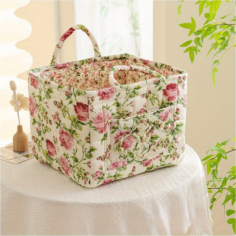 Charming Floral Fabric Storage Bins with Handles- Desktop Storage Basket, Travel Folding Organizer, Portable, Multi-Compartment Organizer for Clothes, Underwear& Accessories- Ideal for Bedroom or Bathroom Decor, Laundry Baskets