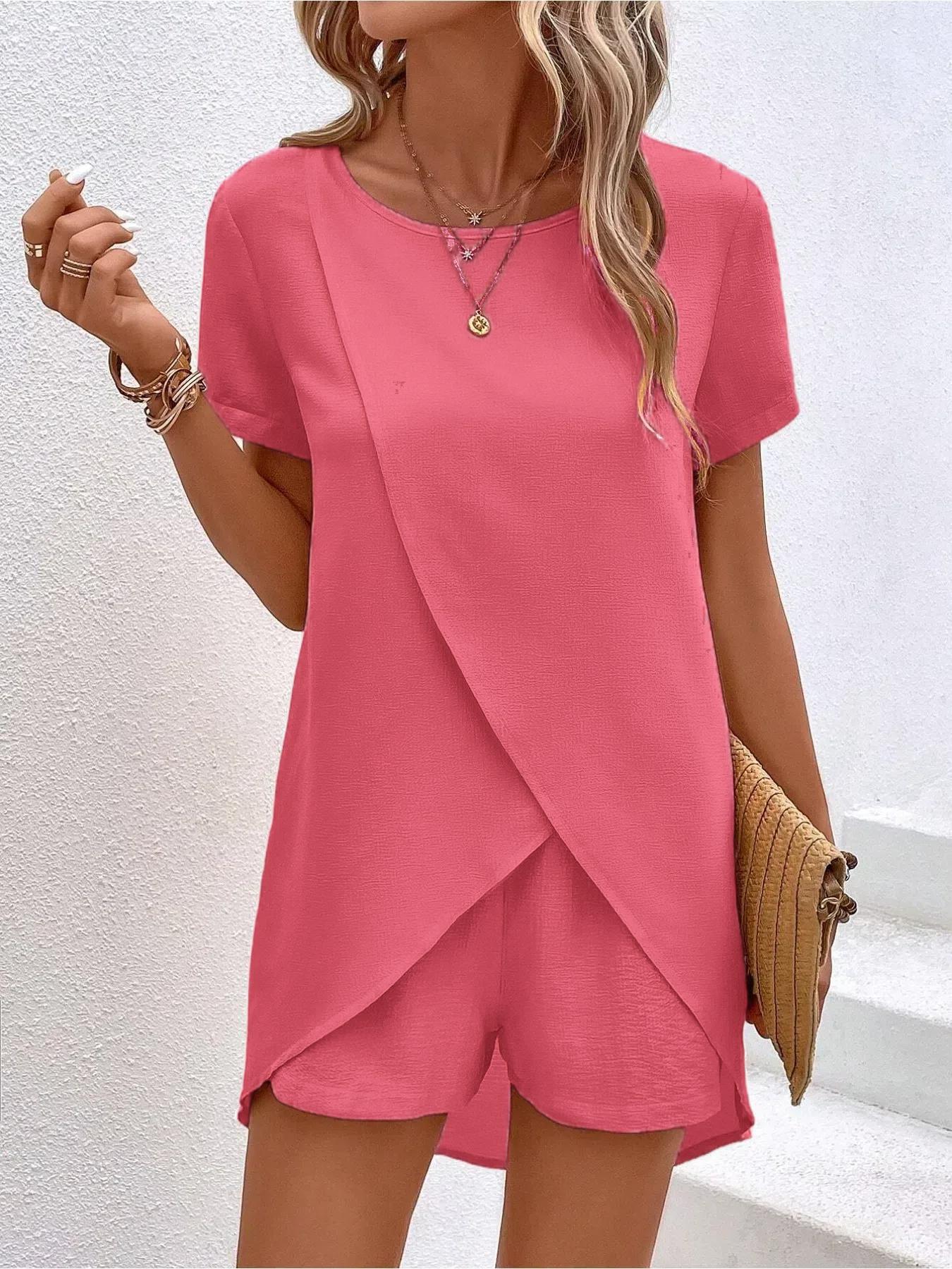 Women's Asymmetrical Hem Tee & Wide Leg Shorts Two-piece Set, Casual Short Sleeve Round Neck T-shirt & Elastic Waist Shorts, Ladies Two-piece Outfits for All Seasons, Womenswear