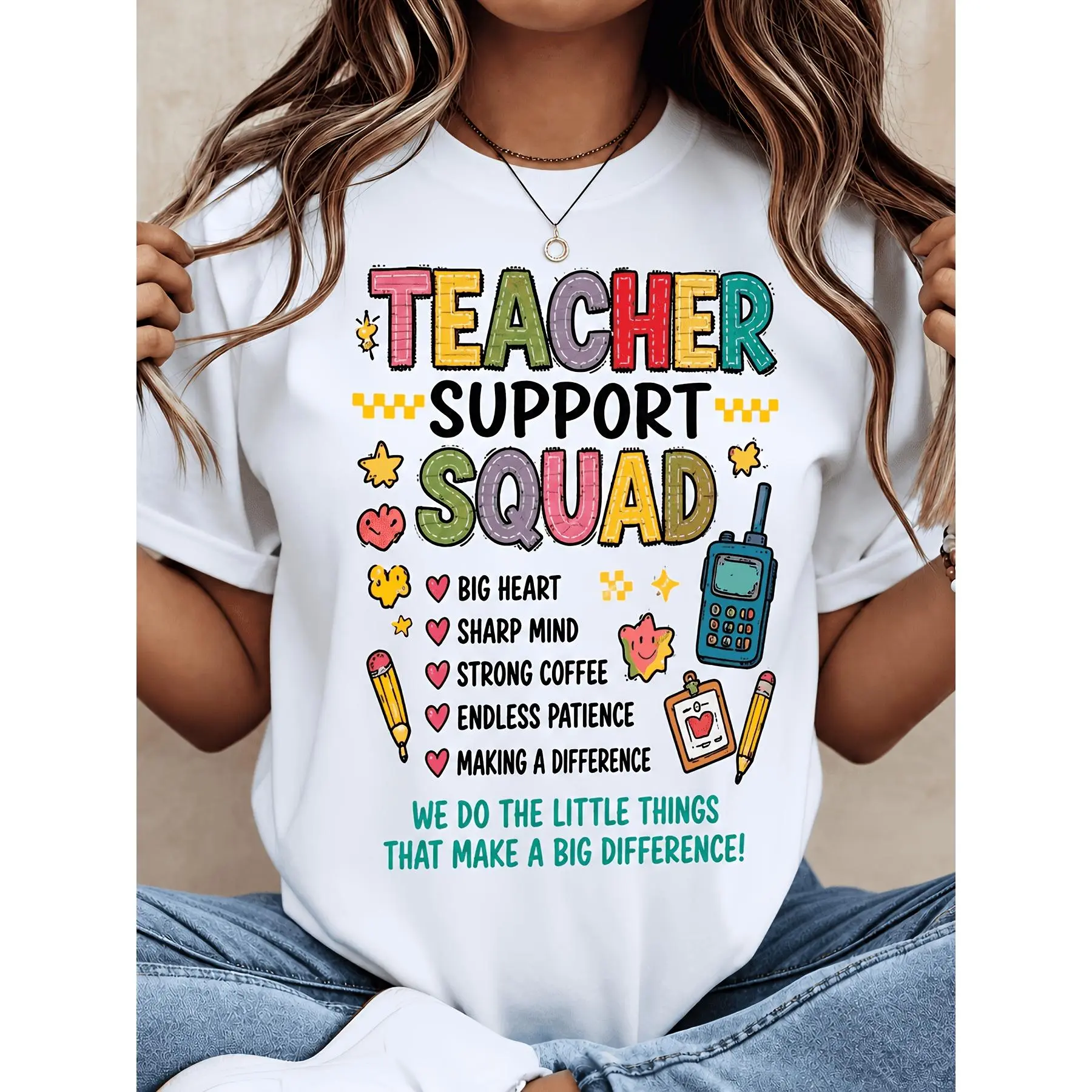 Women's Teacher Support Squad Graphic T-Shirt, Support Staff Appreciation Tee, Teacher Assistant Paraprofessional Administrative Staff Casual Top, Back to Gift