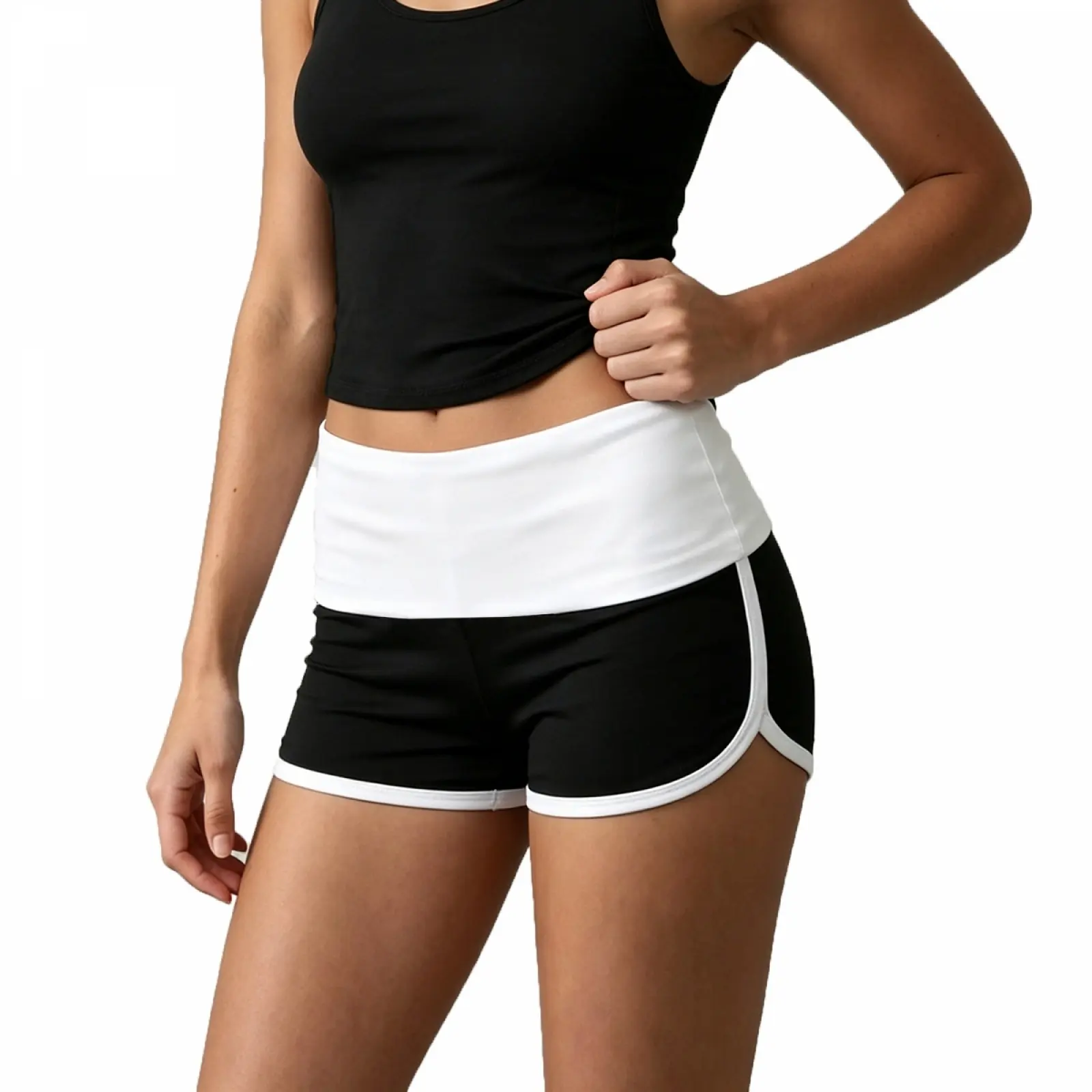 Women's Summer Mini Shorts Contrast Color Fold Over Waist Micro Shorts