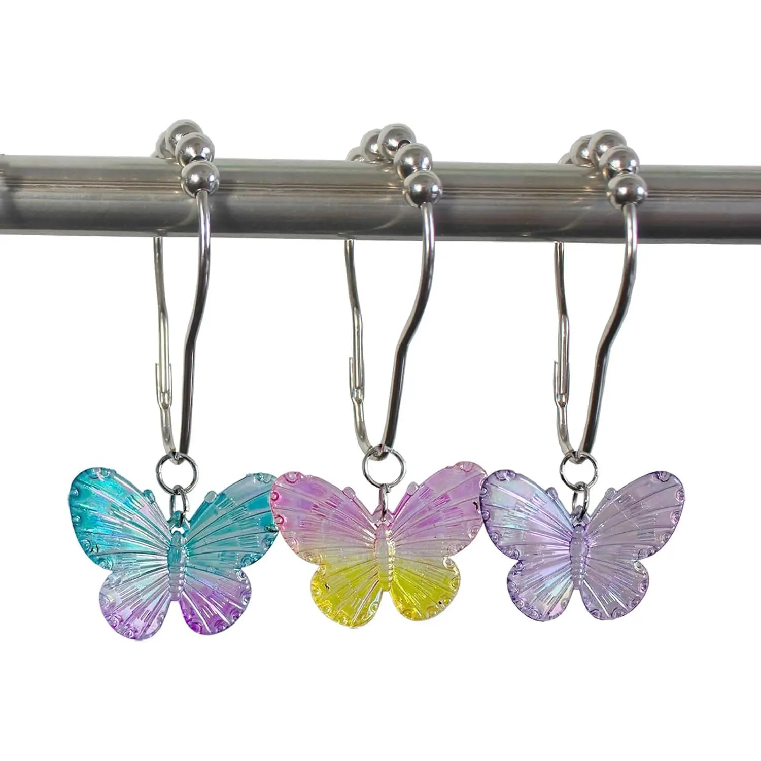 Stainless Steel Rustproof Butterfly Shower Curtain Hooks Set - 12Pcs Decorative Colorful Resin Pendants, Nature Animal-Themed Hanging Bathroom, Bedroom, Living Room Accessories (Purple,Pink,Blue,Yellow), Animals