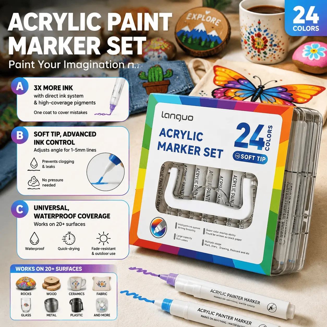 24-Color Acrylic Paint Markers Set, Flexible Soft Brush Tip, Quick-Drying No Bleed, for Rock Wood Egg Ceramic Fabric Painting, Art Supplies DIY Craft, Waterproof Lightfast Multi-Surface Pens, Creative Gift for Artists Adults Students