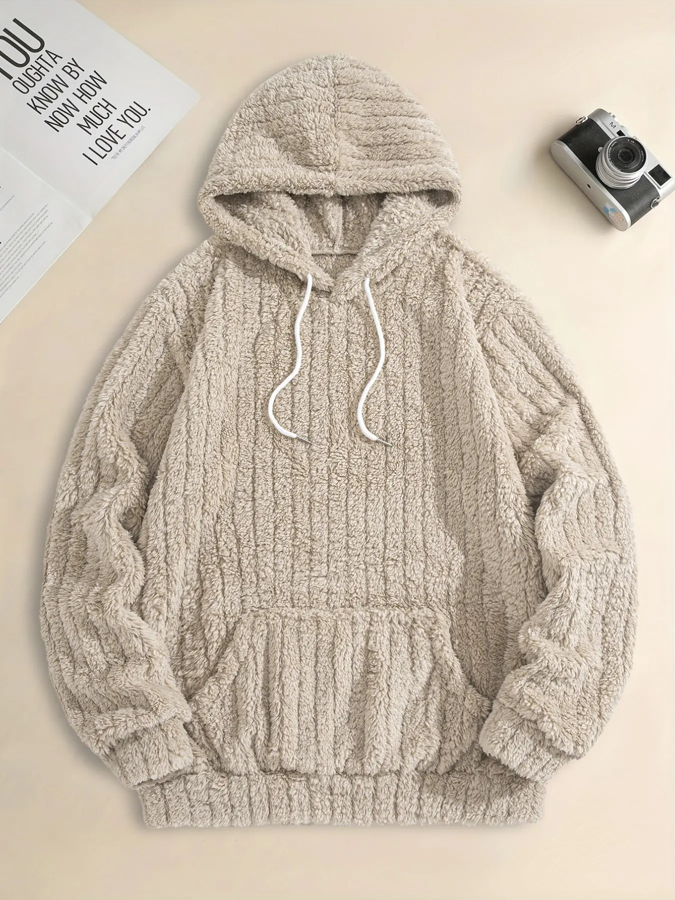 Men's Vertical Striped Fuzzy Plush Hoodie, Drawstring Pocket Coral Fleece Sweatshirt, Soft Warm Loose Pullover, Casual Loungewear
