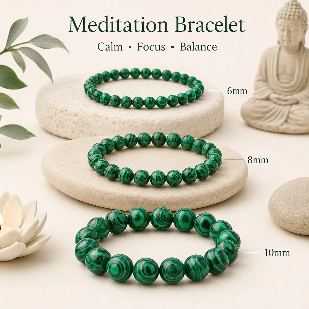 Green Malachite Natural Stone Beaded Stretch Bracelet - 6mm/8mm/10mm Sizes, Unisex Stackable Wear Jewelry with Swirl Texture, Meditative Look, Natural Stone Beads, 1 Size Fit Costume Accessory