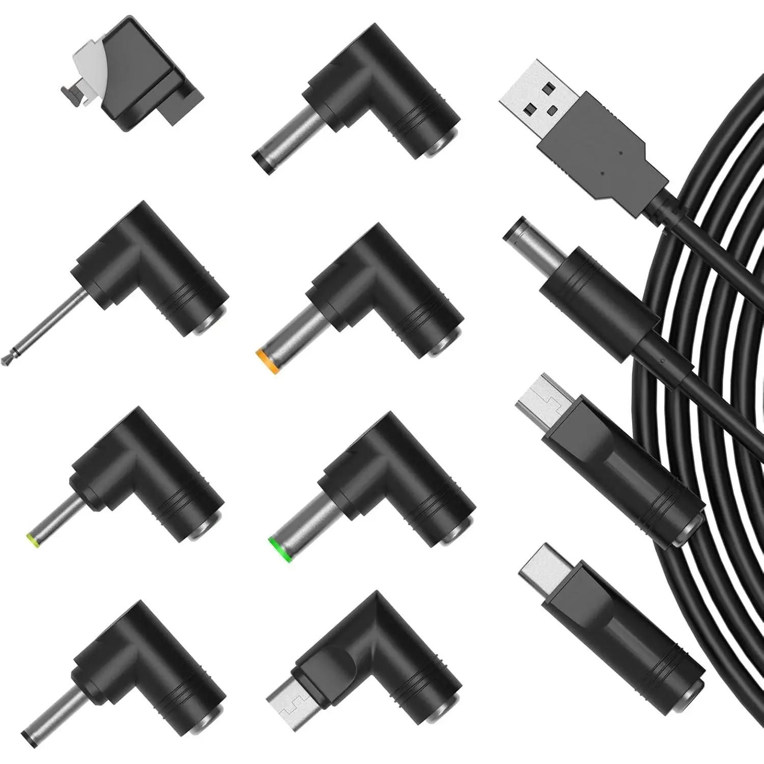 USB to DC 5V Charger ,  5.5x2.1mm with 10 Connectors | 8 DC tips ( 5.5x2.5 4.8x1.7 4.0x1.7 4.0x1.35 3.5x1.35 3.0x1.1 2.5x0.7) +  USB & Type-C.5V cord for Camera MP3 MP4