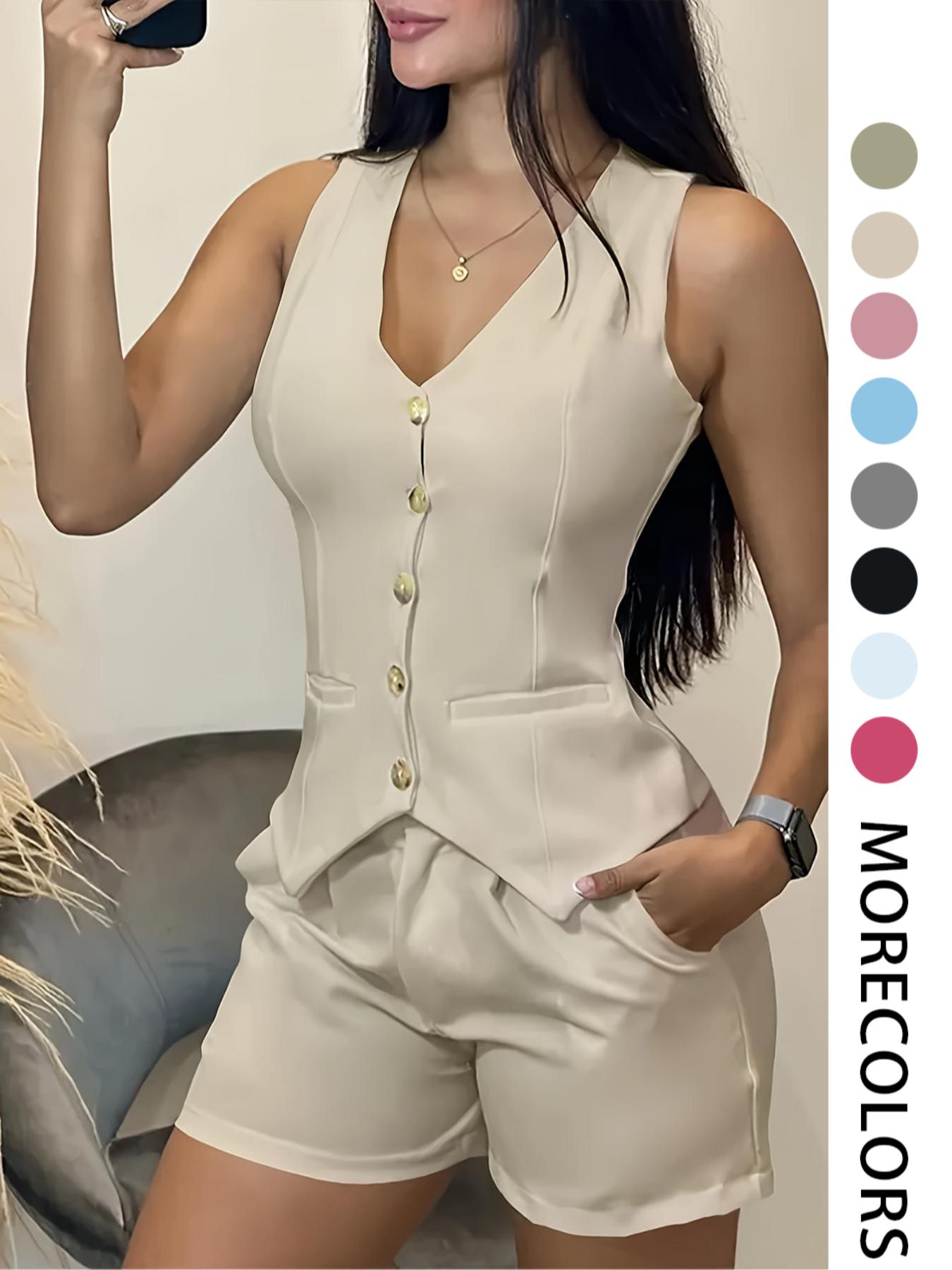 Women's Solid Color Fitted Tank Top & Shorts, Casual Sleeveless Top & Shorts for Daily Wear, Ladies Clothes for All Seasons, Office Siren Outfits, Cute Summer Outfit