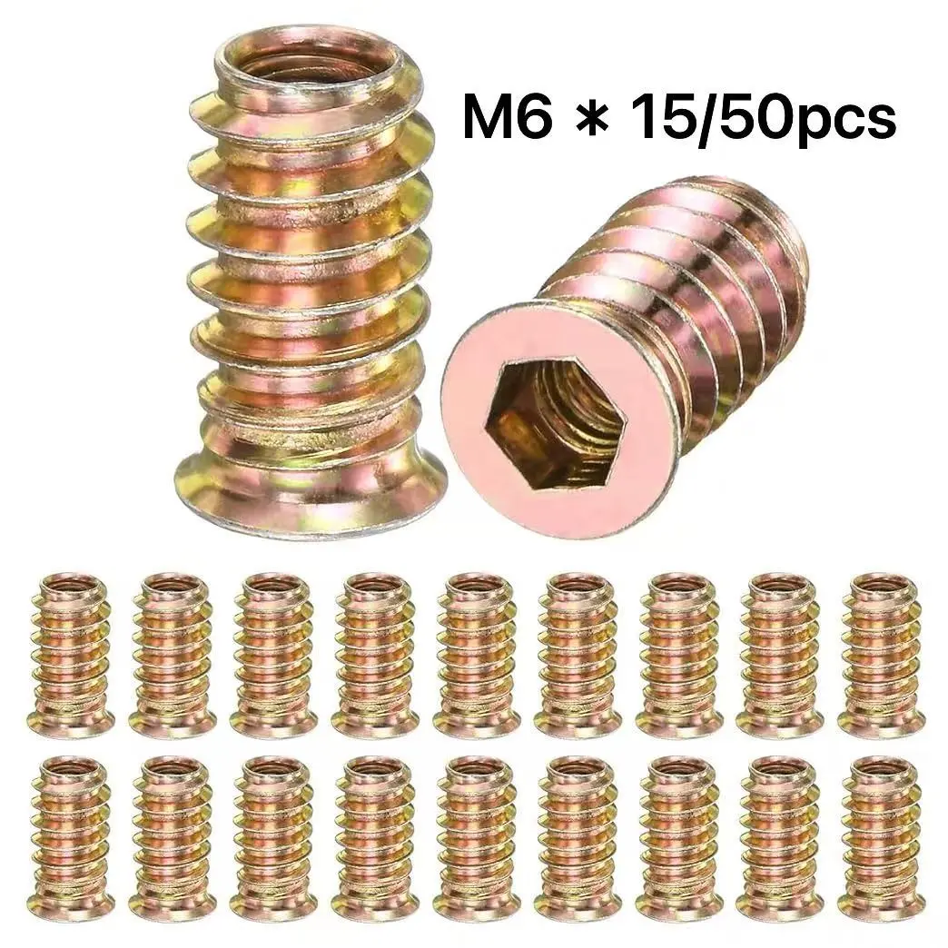 50 PCS M6x15mm Threaded Wood Inserts, Wood Inlaid Screws, Hex Drive Self-Tapping Insert Nuts, Zinc-Plated Carbon Steel Furniture Fasteners, Hardware, Ideal for Repairing Cabinets, Chairs and DIY Projects