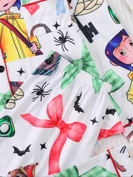 2 pieces of women's Halloween blue hair girl bow, black cat, mouse, bat, spider print, long sleeved pants, pajamas set, top pocket suitable for all seasons, comfortable, energetic, elegant and casual home wear