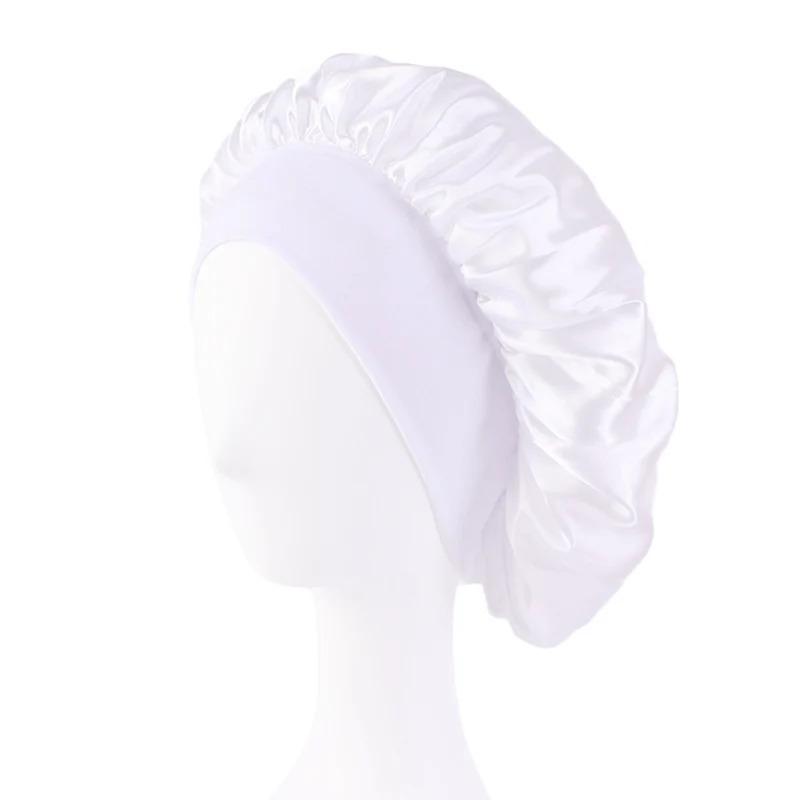 Women's Satin Solid Bonnets Wide-brimmed Night Sleeping Bathing Hat Unisex Head Wrap Elastic Band Cap Hair Care Bonnet