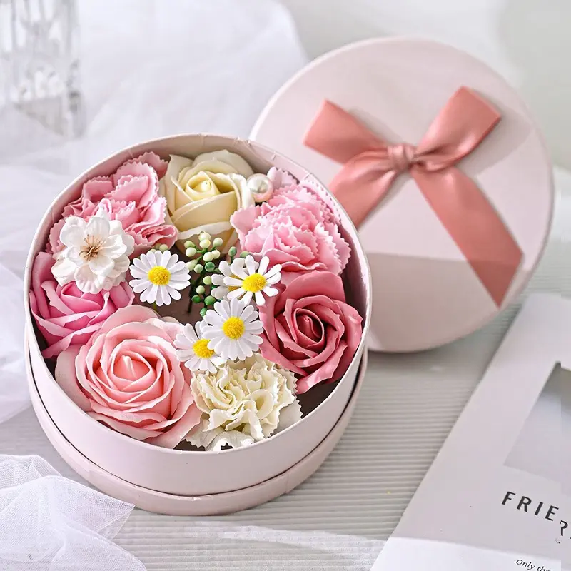 Scented Soap Flower Round Gift Box, Pink Rose Carnation Daisy Artificial Floral Bouquet, Luxury Ribbon Gift Box for Mother's Day Valentine Birthday Anniversary