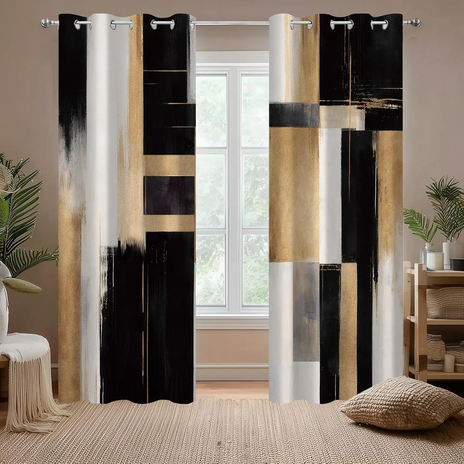 and Gold Abstract Semi-Sheer Curtains, Bohemian Medieval Modern Art Curtains, Neutral Art Living Room Bedroom Decor, 2 Pieces, Curtain Panels