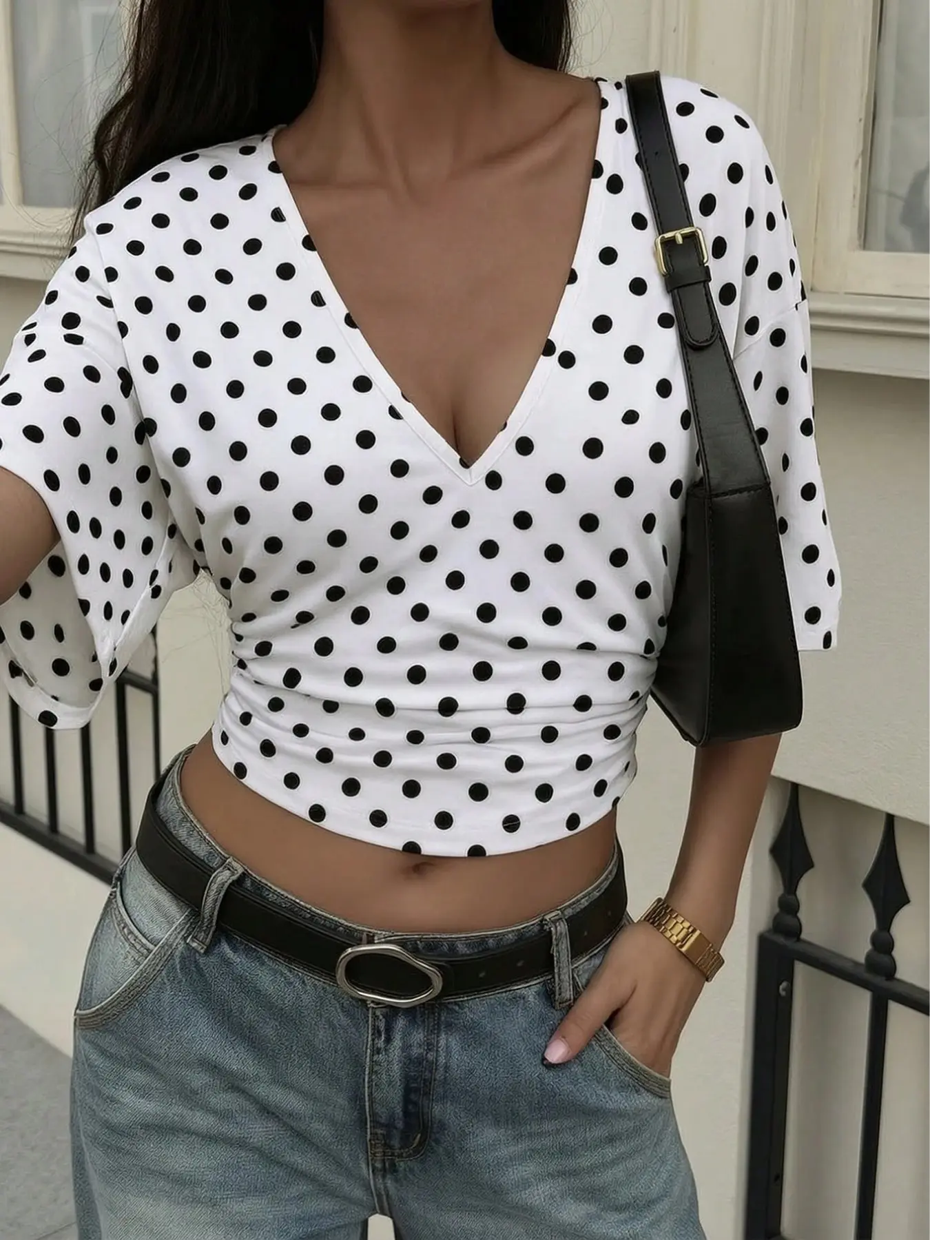 Vintage White Black Polka Dot Stretch Jersey Deep V Neck Batwing Short Sleeve Ruched Side Crop Top, Boho casual top,Y2K Loose Drop Shoulder,Summer Retro Daily Street Casual,Breathable Slim Waist Polka Dot