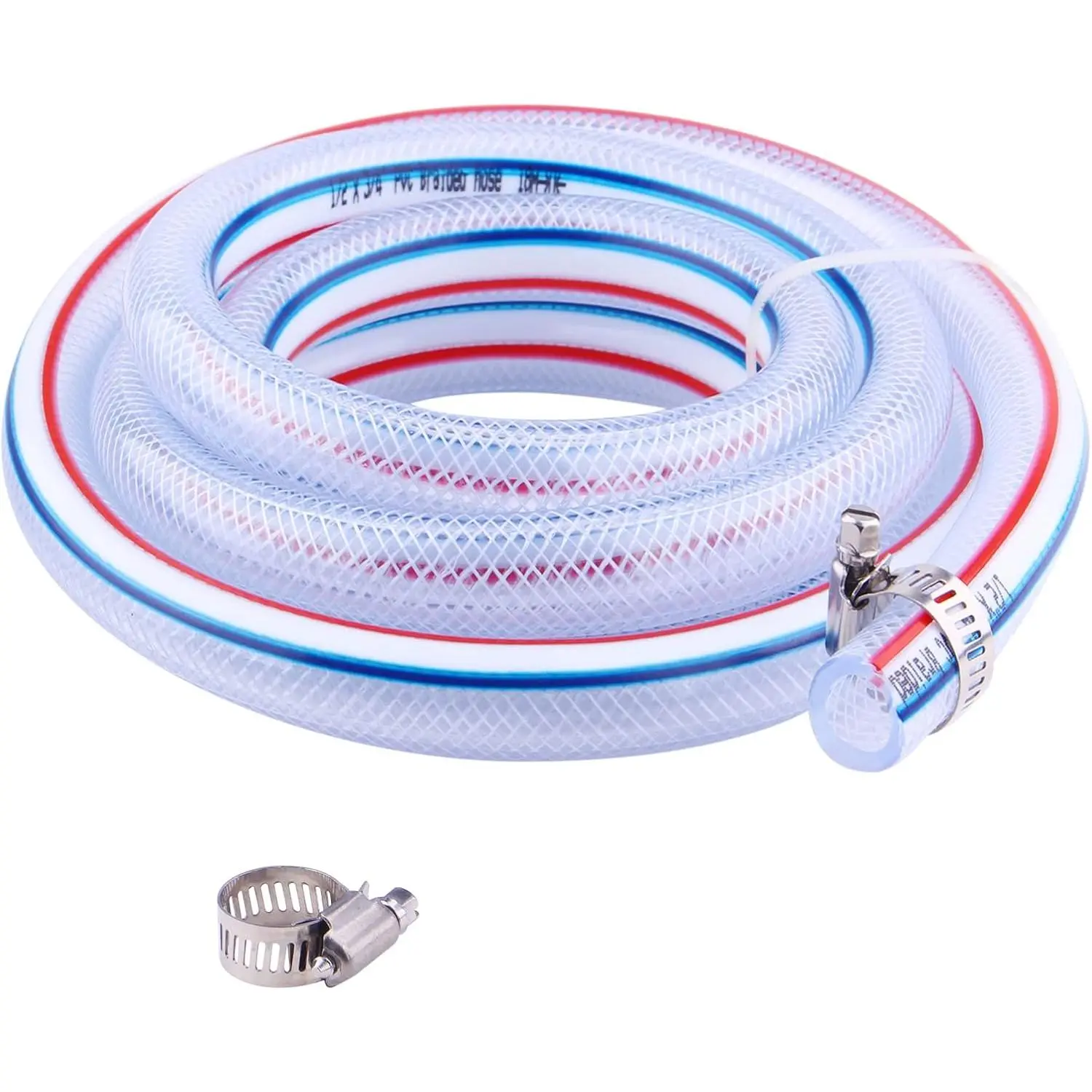 Soft Braided PVC Tubing - 1/2" x 3/4" OD High  Clear Flexible PVC Tube Reinforced Vinyl Hose for Water, Oil with 2 count Hose Clamps (10Ft)
