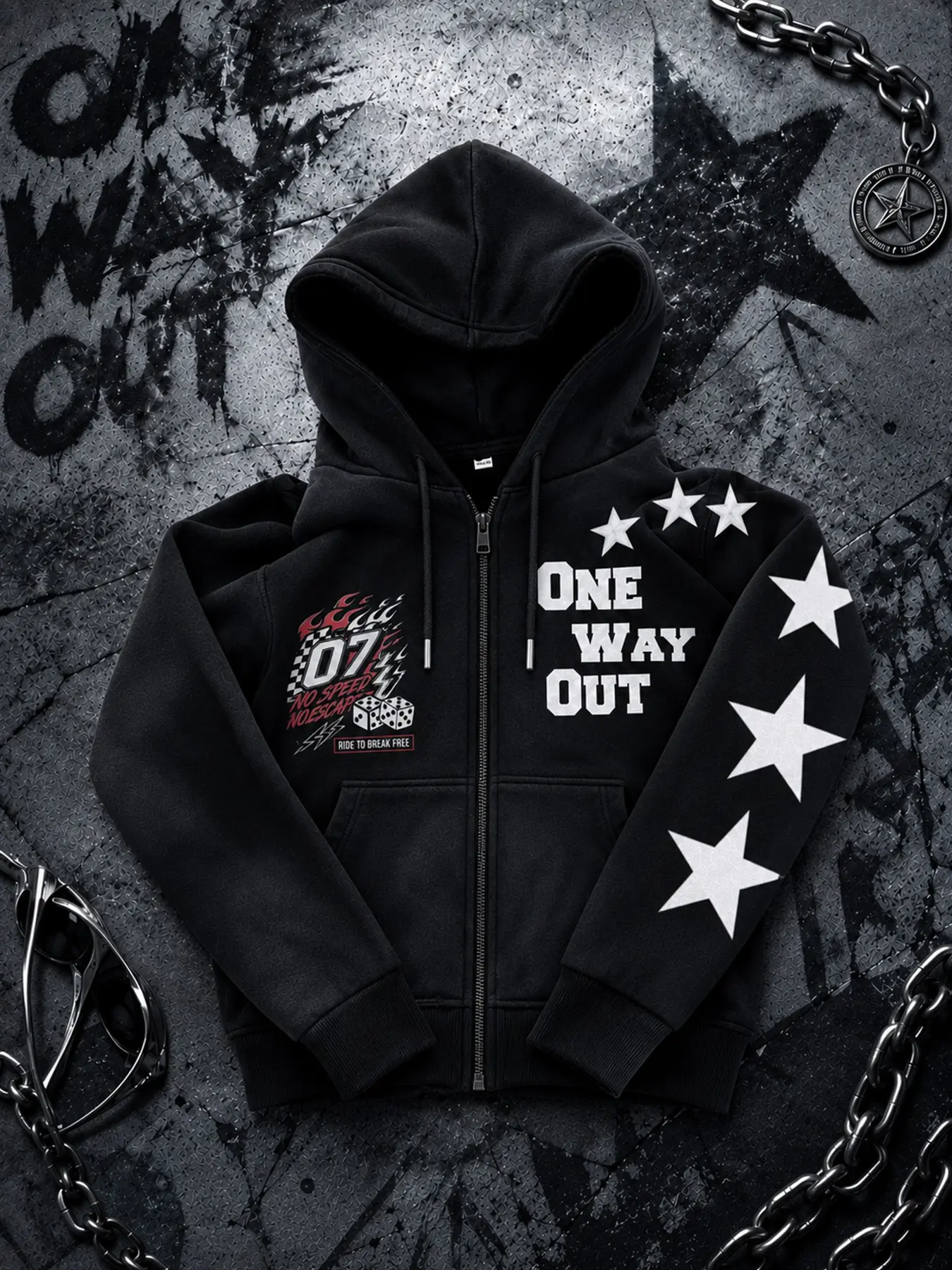 Men's Y2K Graphic Zip-Up Hoodie, Star Sleeve Racing Print Sweatshirt, Vintage Streetwear Casual Long Sleeve Jacket, All Seasons Slim-Fit, Fitted Graphic Sweatshirt