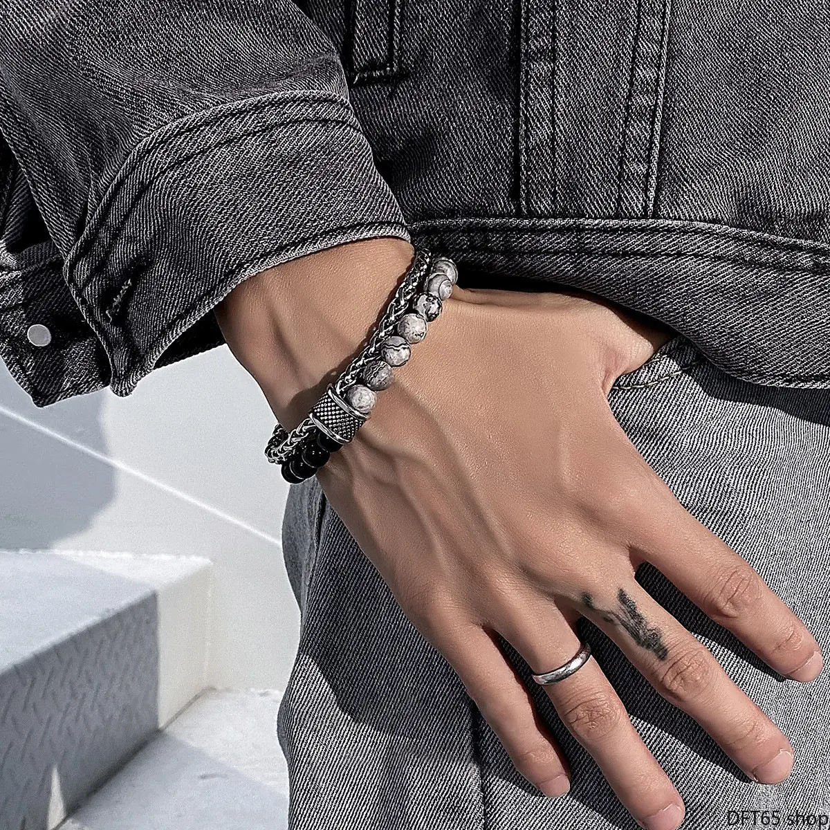 Men’s Matte Map Stone Double-Beaded-Layer Titanium Steel Bracelet with OT Clasp, Movable Beads, Casual Wear Wrist Accent & DIY Bag Accessory