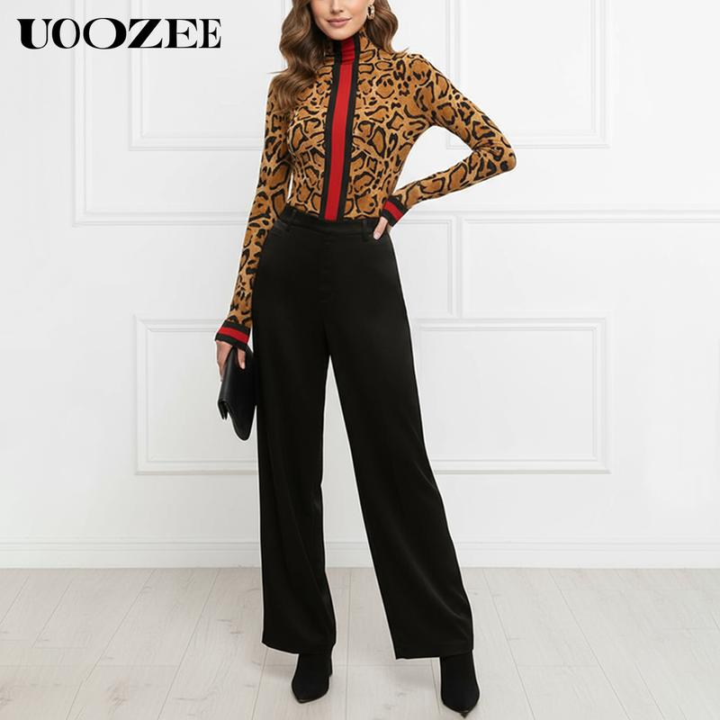 UOOZEE Women's New Fashion Retro Leopard Print Tight-fitting Skinny Contrast Turtleneck T-shirt Top Bottoming Shirt Red and Black Contrast Stripes Spring, Autumn(Sizing Runs Small - Check Size Guide or Order Larger) Casual Long Sleeve cute fall outfits